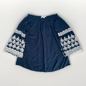 Rancho Estancia Off The Shoulder Blouse Black w/Gold Embroidered Bell Sleeves XL